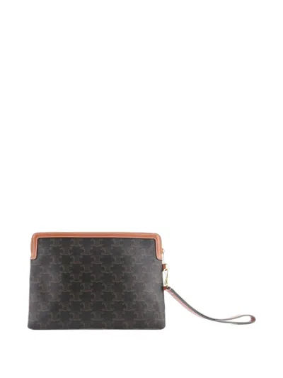 Pre-owned Celine Logo Zip Wristlet Pouch Triomphe Coated Canvas Small Clutch Bag In Brown