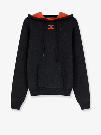 Celine Dark Grey Orange Knit Hoodie In Black