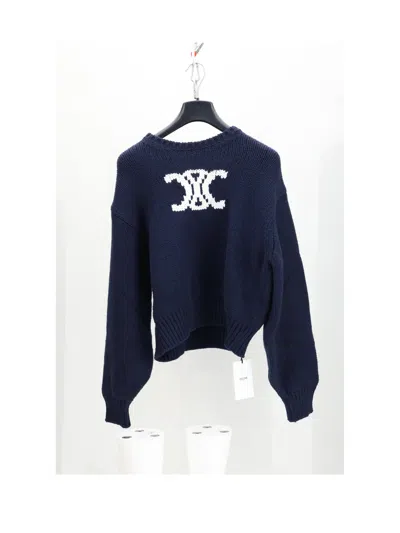 Celine Logo-embroidered Crewneck Sweater In Blue
