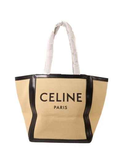 Pre-owned Celine Logo-print Leather-trim Tote Bag In Neutral