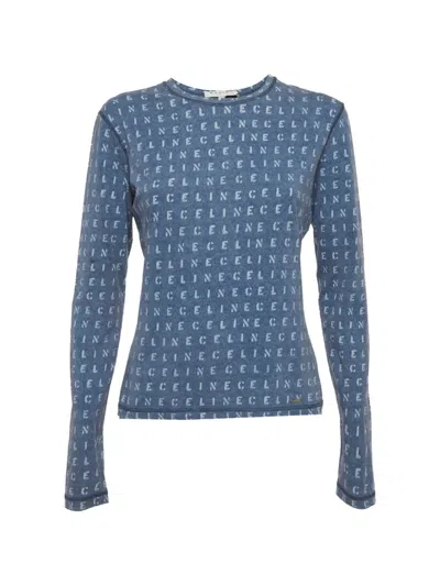 Pre-owned Celine Logo-print Long-sleeve Top In Blue