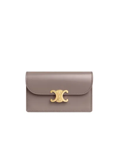 Celine Long Card Holder With Flap Triomphe  In Shiny Calfskin In Gray