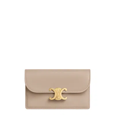 Celine Long Card Holder With Flap Triomphe  In Shiny Calfskin In Brown