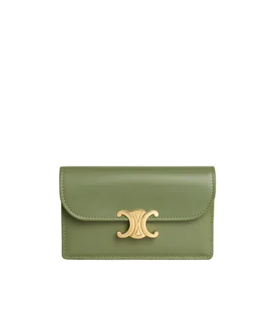 Celine Long Card Holder With Flap Triomphe  In Shiny Calfskin In Light Khaki