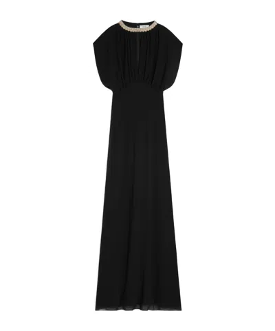 Celine Long Dress With Embroidered Collar In Silk Georgette In Black