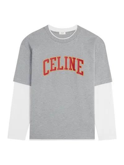 Celine Layered Logo-print Cotton-jersey T-shirt In Gray