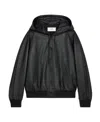 Celine Logo-embossed Full-grain Leather Hooded Bomber Jacket In Black