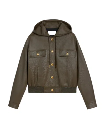 Celine Long-sleeved Hooded Leather Jacket In Brown