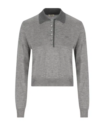 Celine Long-sleeved Knitted Polo Shirt In Gray