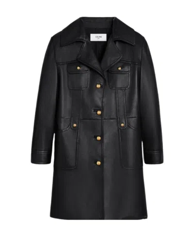 Celine Long-sleeved Leather Coat In Black