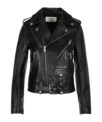 Celine Long-sleeved Leather Jacket In Black