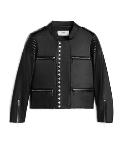 Celine Long-sleeved Leather Jacket In Black