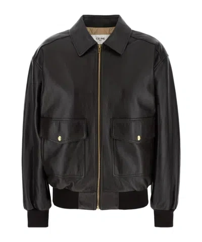 Celine Long-sleeved Leather Jacket In Black