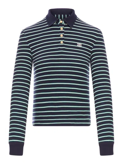 Celine Long-sleeved Polo Shirt With Triomphe Logo In Blue
