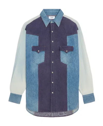 Celine Long-sleeved Spliced Shirt In Blue