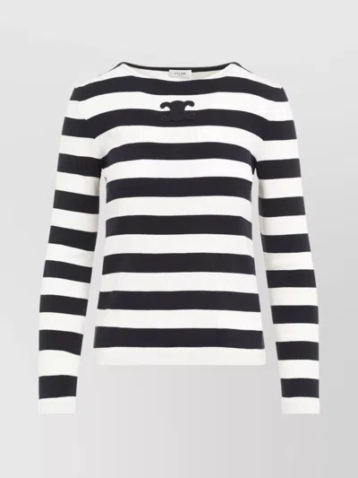 Celine Long Sleeves Striped Crew Neck Top In White