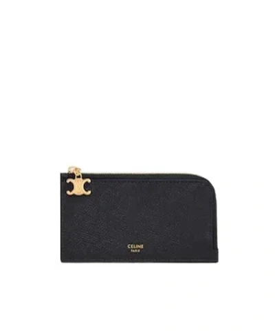 Celine Long Zipped Card Holder In Grained Calfskin In Black