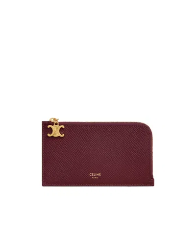 Celine Long Zipped Card Holder In Grained Calfskin In Burgundy