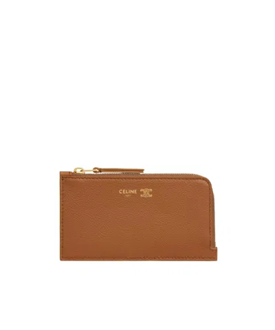 Celine Long Zipped Card Holder In Supple Grained Calfskin In Brown