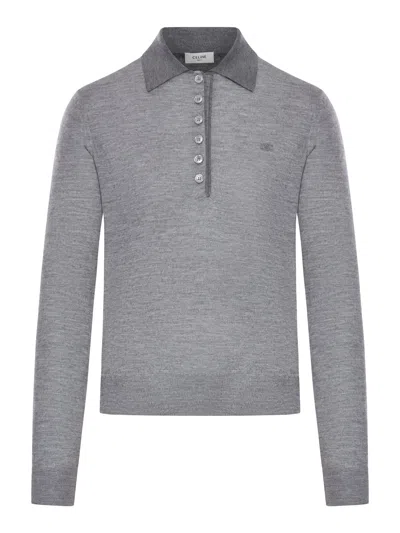 Celine Long-sleeved Cashmere And Silk Polo Shirt In Gray