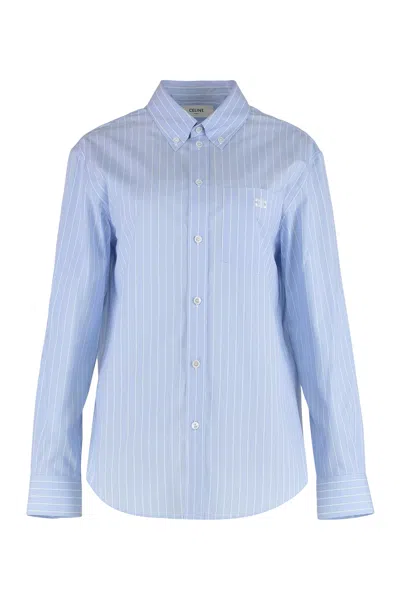 Celine Loose Poplin Cotton Shirt With Stripes In Blue