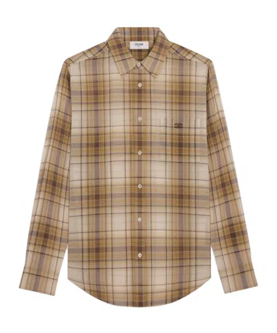 Celine Loose Shirt In Light Checked Cotton In Brown