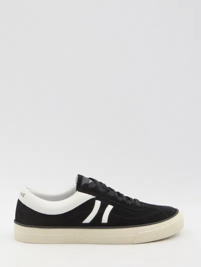 Celine Logo-print Leather-trimmed Suede Sneakers In Black