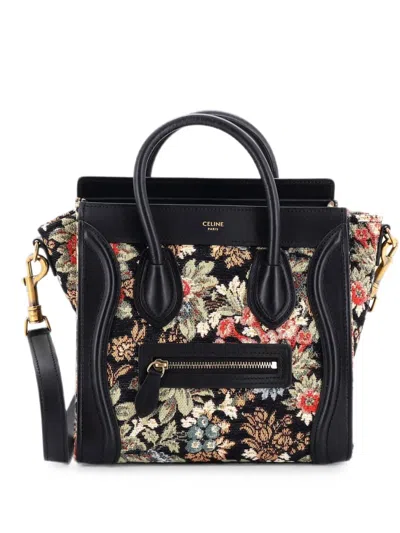 Pre-owned Celine Luggage Bag Printed Jacquard And Leather Nano Satchel In Black