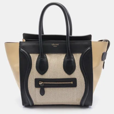 Pre-owned Celine Luggage Micro Shopper Handbag Tote Bag Leather Fabric Beige Khaki Beige Black