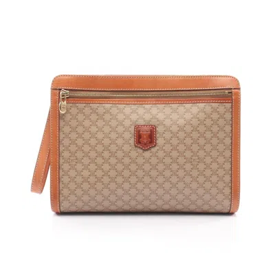 Pre-owned Celine Macadam Beige Brown Coated Canvas Clutch Bag Handbag () In Multi