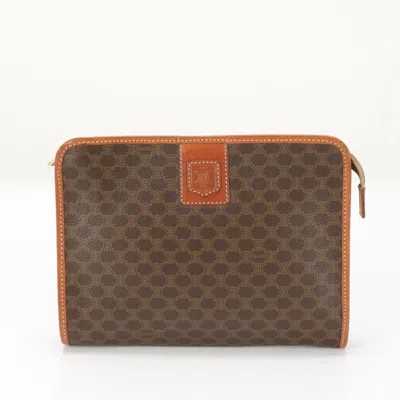 Pre-owned Celine Macadam Brown Leather Coated Canvas Clutch Bag Handbag ()