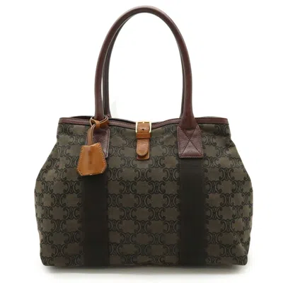Pre-owned Celine Macadam Burgundy Dark Khaki Canvas Leather Shoulder Bag Tote Bag ()