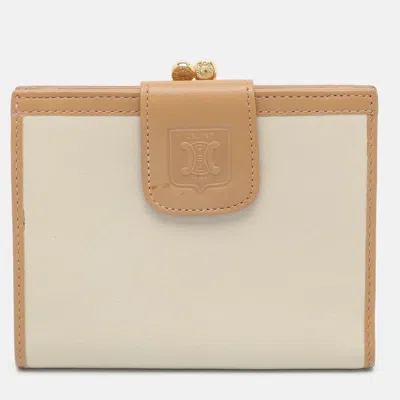 Pre-owned Celine Macadam Two Tone Beige Leather Kiss Lock French Wallet In Sand