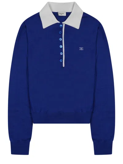 Celine Maglia Stile Polo In Cashmere Sottile E Seta In Blue