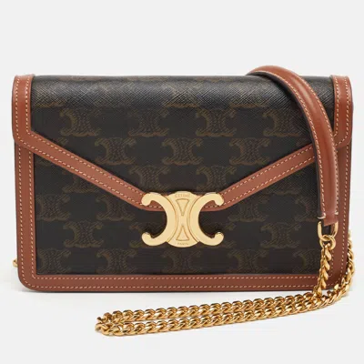 Pre-owned Celine Margo Brown/tan Triomphe Coated Canvas And Leather Wallet On Chain