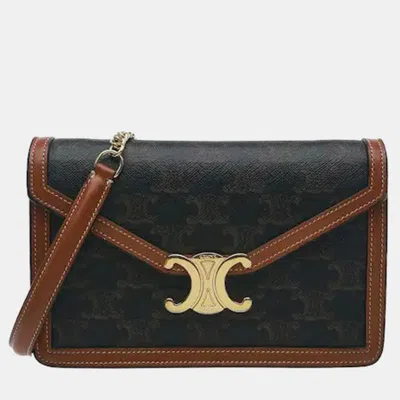 Pre-owned Celine Margo Triomphe Tan Triomphe Canvas Calfskin Leather Wallet On Chain Bag In Brown