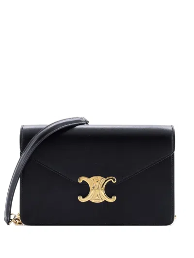 Pre-owned Celine Margo Triomphe Wallet On Chain Leather Crossbody Bag In Black