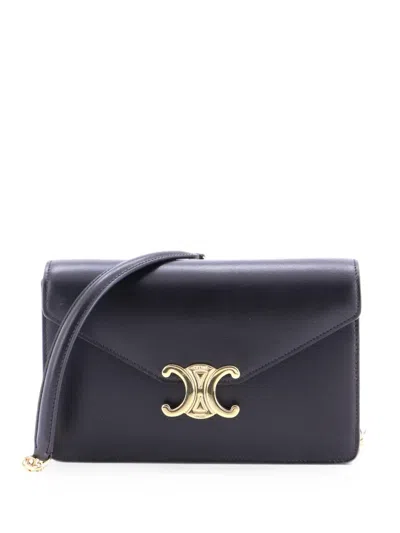 Pre-owned Celine Margo Triomphe Wallet On Chain Leather Crossbody Bag In Black