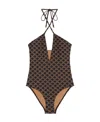 Celine Matte Plain Knitted Letter Combination Swimsuit In Brown