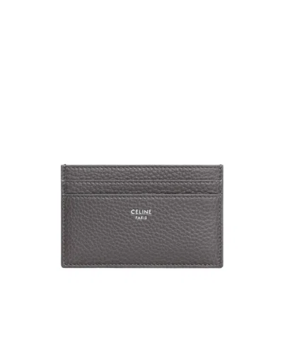 Celine Medium Card Holder In Grained Calfskin In Gray