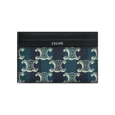 Pre-owned Celine Medium Card Holder In Striped Triomphe Canvas And Calfskin 'black/navy Blue' | Men's Size One