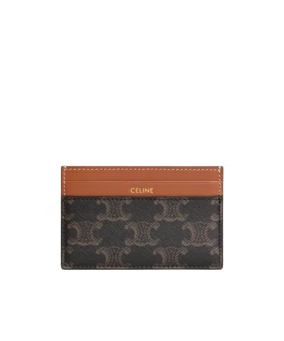 Celine Medium Card Holder In Triomphe Canvas And Calfskin In Black