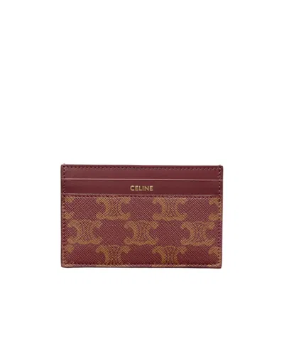 Celine Medium Card Holder In Triomphe Canvas And Calfskin In Burgundy