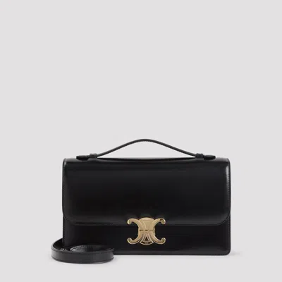 Celine Medium Folio Calf Leather Shoulder Bag With Signature Logo Motif In Black
