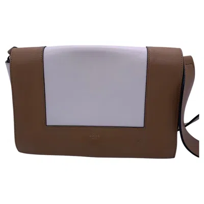Pre-owned Celine Medium Frame Bi-color Smooth Calfskin Shoulder Bag Tan And White
