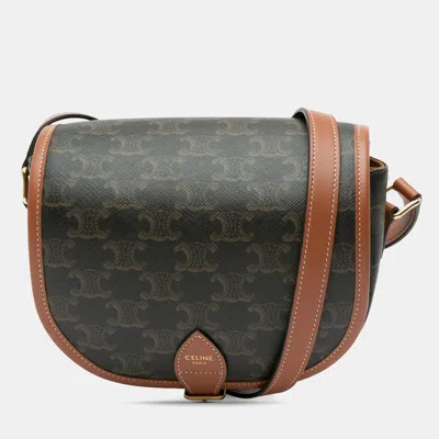 Pre-owned Celine Medium Triomphe Coated Canvas Folco Crossbody In Brown
