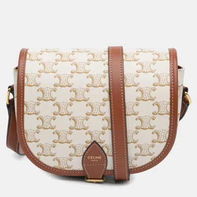 Pre-owned Celine Medium Triomphe Coated Canvas Folco Crossbody In White
