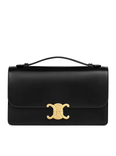 Celine Medium Triomphe Folio In Polished Calfskin In Black