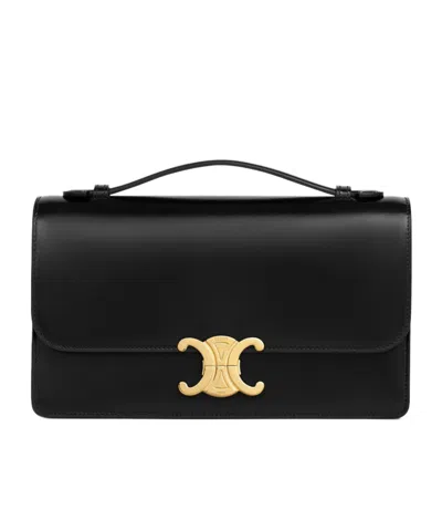 Celine Medium Triomphe Folio In Shiny Calfskin In Black