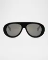 Celine Men's Apres Ski Capsule Acetate Oval Sunglasses In Shiny Black Smoke Mirror